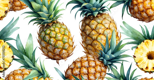 Tropical pineapple. Watercolor illustration. Exotic fruit background