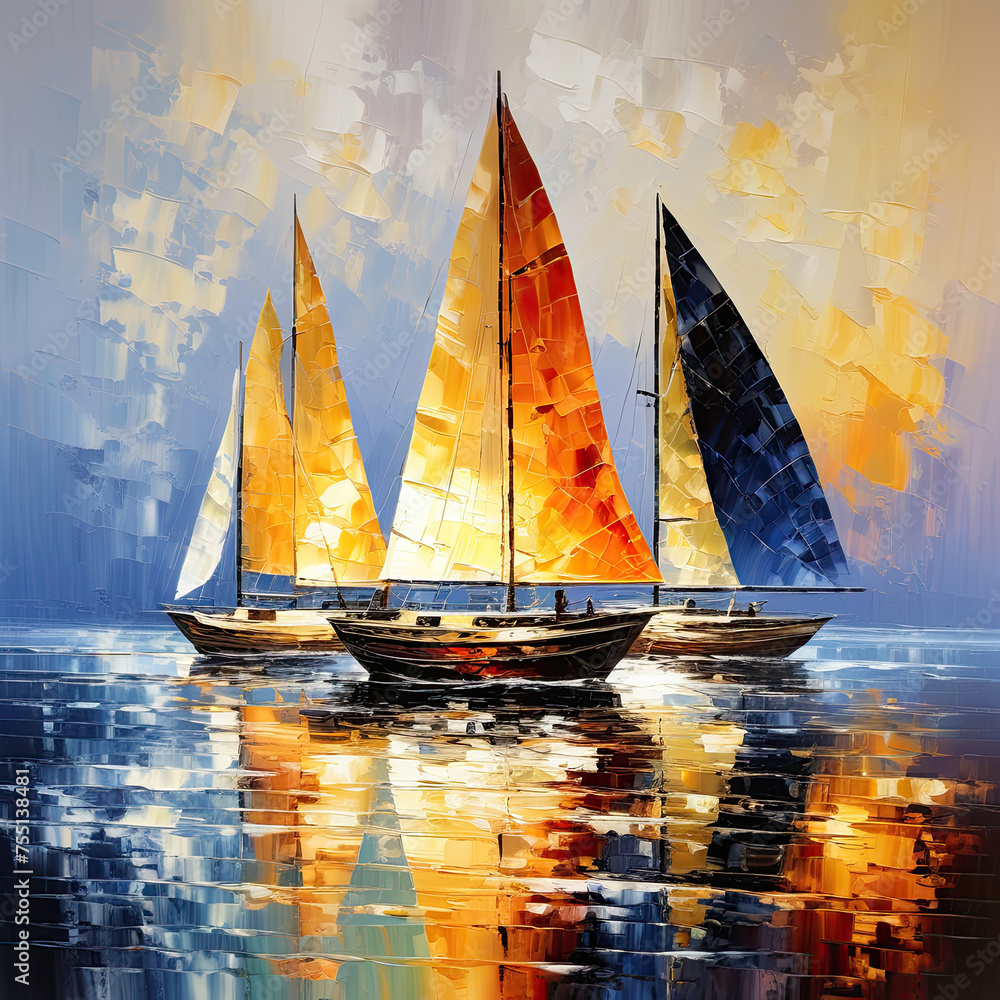 Sailboats painting. Beautiful seascape art.