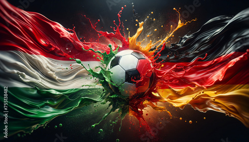 liquify country flags of Hungary and Germany splash towards each other, with a soccer ball in the middle, football EM 2024, Group phase matchday 2, Generative ai photo
