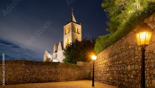 Cathedral's Night Watch: Tower Peeking Behind Stone Wall, Lanterns Illuminating Foreground, Nighttime Serenity, Medieval Architecture