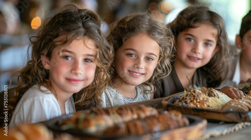 Envision children searching for the hidden afikomen during the Passover Seder, a playful tradition symbolizing the quest for hidden truths and treasures photo