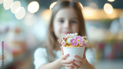 Happy little girl savoring a special birthday treat of cake and edible flowers in a cafe with a warm and welcoming atmosphere