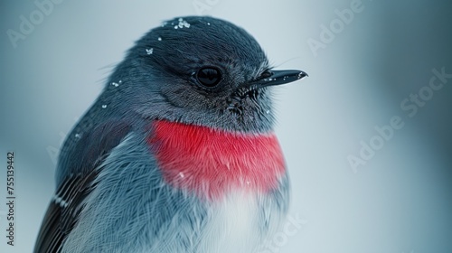 a close up of a small bird with a red and white stripe on it's head, with a blue background. photo