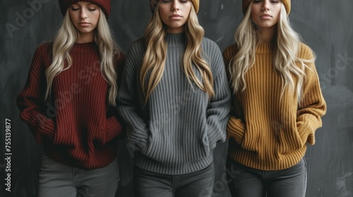 a group of three women standing next to each other in front of a black wall wearing beanies and sweaters. photo