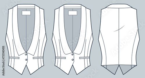  Plunging Vest Jacket technical fashion illustration. Classic Vest Jacket fashion flat technical drawing template, shawl collar, front and back view, white, women, men, unisex CAD mockup set.