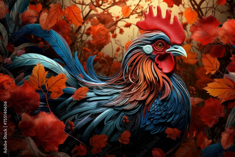 Fototapeta premium Nostalgic Rooster in autumn leaves. Rural fall landscape with farm cock. Generate ai