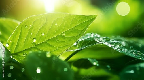 A close-up of a green leaf with water droplets under sunlight, highlighting the intricate patterns and fresh appearance of the foliage