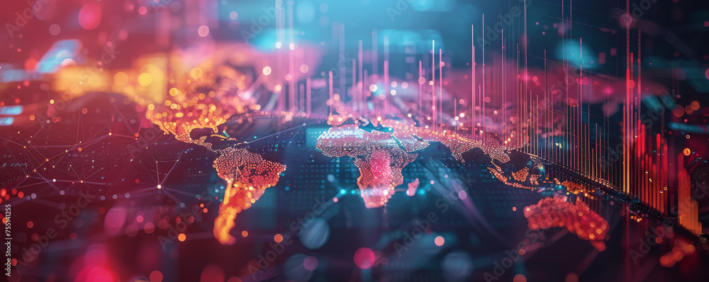 Obraz premium Digital art showcasing an intricate network with glowing nodes and connections on a dark background, symbolizing communication and data.