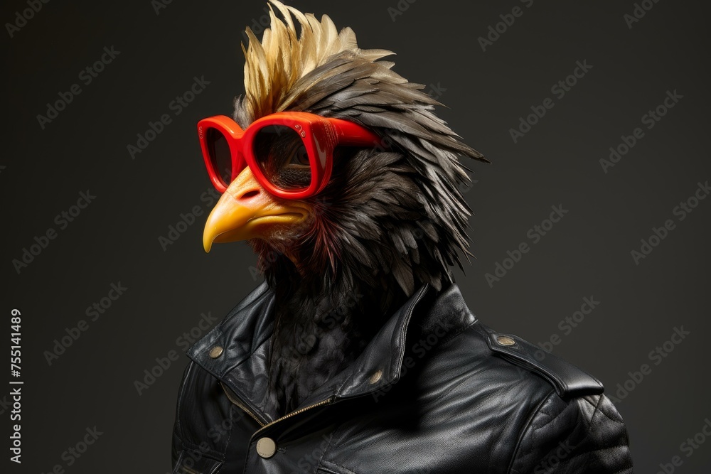Eye-catching Rooster sunglasses jacket. Agriculture fashion. Generate Ai