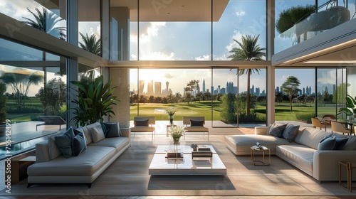 Minimal luxury villa living room interior with panoramic windows, golf field view. Generative AI. © visoot