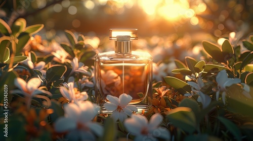 A bottle of perfume surrounded by Jasmine and saffron, bathed in the soft glow of sunlight. Generative AI.