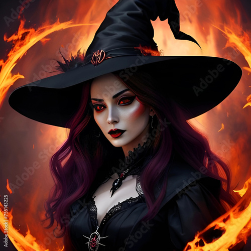 halloween witch with a pumpkin and fire