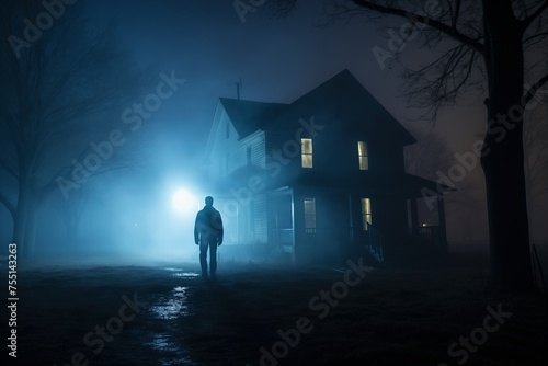 A man stands alone in front of a house, silhouetted against the eerie backdrop of a foggy night. © Oleksandr