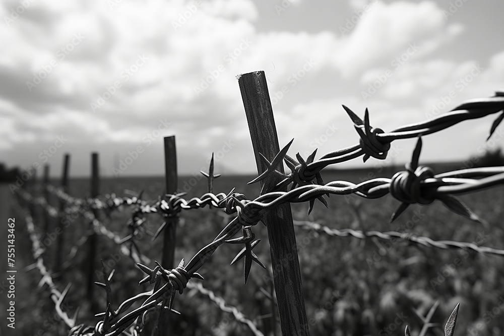 Fototapeta premium A black and white image showing a close-up of a barbed wire fence, with sharp spikes and twisted metal, symbolizing confinement and border.