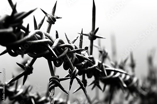 A black and white image showing a close-up of a barbed wire fence, with sharp spikes and twisted metal, symbolizing confinement and border.