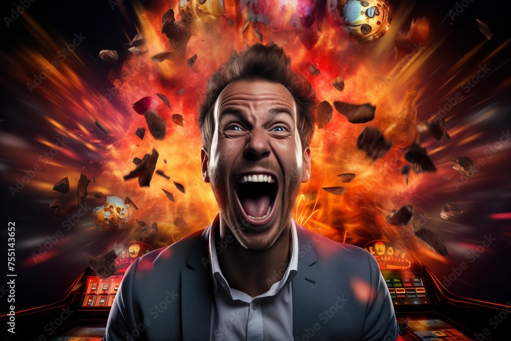 A man stands with his mouth open in surprise or shock, surrounded by wealth and success. A man stands with his mouth open in surprise or shock, surrounded by wealth and success.