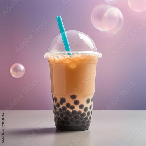 Bubble Tea Bliss Hyper-Realistic Product Shot with Iridescent Bubble