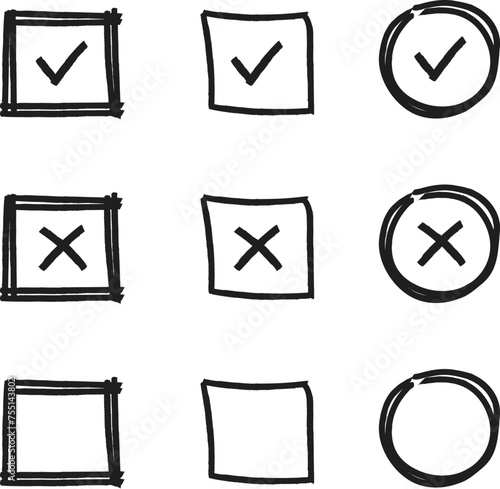 Check mark in doodle icon set . Hand drawn Sketch style. Vector illustration.