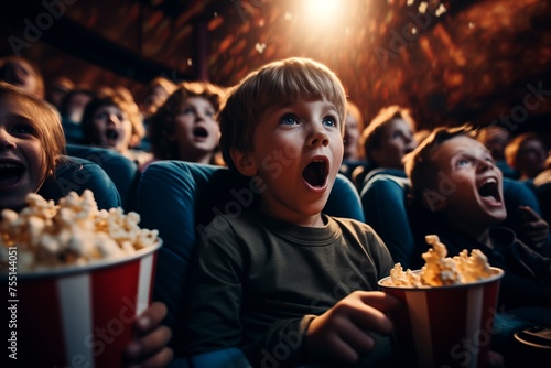 Several kids in a crowded movie theater sit, facing a large screen, engrossed in the film being shown.