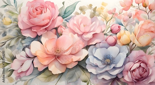 "Immerse yourself in the beauty of spring, with a stunning array of pastel hues and intricate floral patterns, as captured by a masterful watercolor rendering."