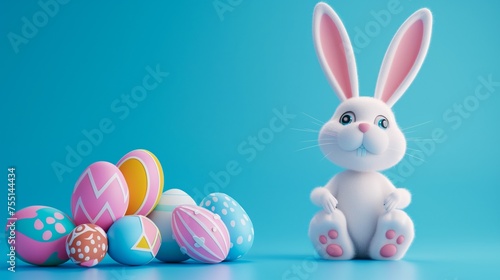 A cute Easter bunny on a plain blue background with a large group of ornate and colourful easter eggs.