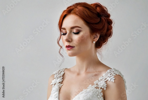 Portrait of bride irish lady in white wedding dress with red hair at white wall, closed eyes. Fashionable pretty woman with flowers bouquet. Fashion trendy style beauty concept. Copy ad text space