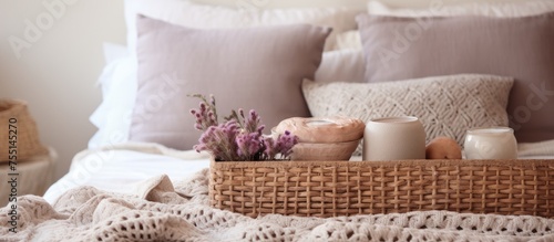 A wicker basket sits on a bed alongside pillows and blankets. The cozy bedroom setup includes a tray of crochet.