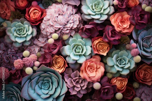 Vibrant Roses succulent flowers. Garden leaf. Generate Ai