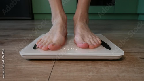 Weight Lose Scales Measure Weight. Fitness Diet Slimming Woman Feet Standing Weighing Scales Slimming.