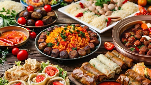 Arabic Cuisine traditional lunch. It's also Ramadan "Iftar". The meal eaten by Muslims after sunset during Ramadan. Assorted of Arabic oriental dishes. top view with close up