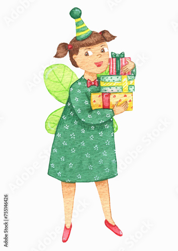 girl in green dress with gifts