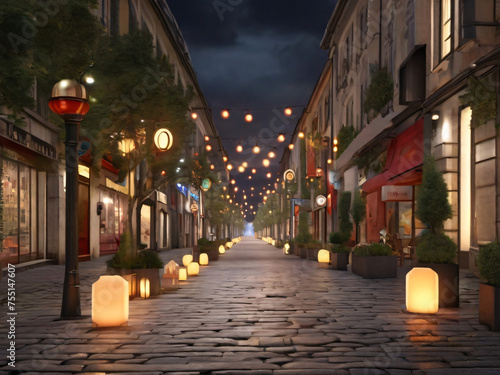 Abenteulericher Abend in einer Großstadt. Die Straßen sind geschmückt mit Laternen und kleine Stände zieren den Straßenrand