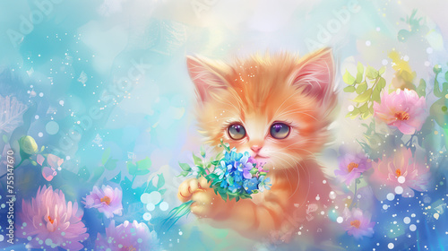 Cute red kitten holding a bouquet of bright colorful flowers in its paws among beautiful spring flowers in soft pastel colors, watercolor illustration