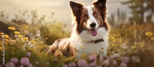 A brown and white herding dog, from the Sporting Group, is standing in a field of flowers, a beautiful event captured in art