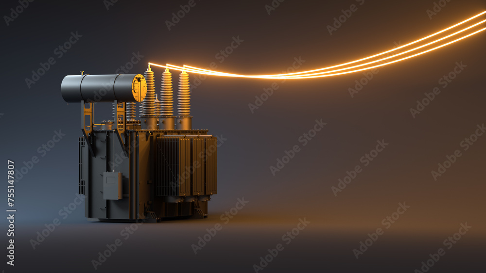 Electrical three-phase transformer on a dark background with neon glowing wires. 3d render	 - obrazy, fototapety, plakaty 