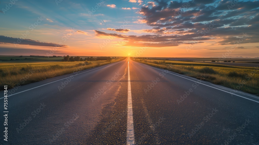 landscape scene and sunrise above road