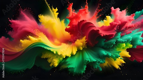 Colored powder explosion. Explosion splash red, yellow, green color powder black background. Black history month