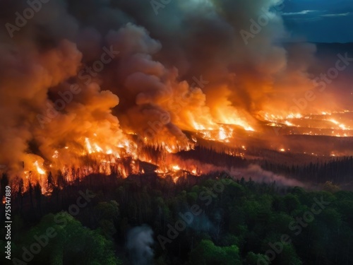 Wildfire raging through a forest at night, large flames and smoke