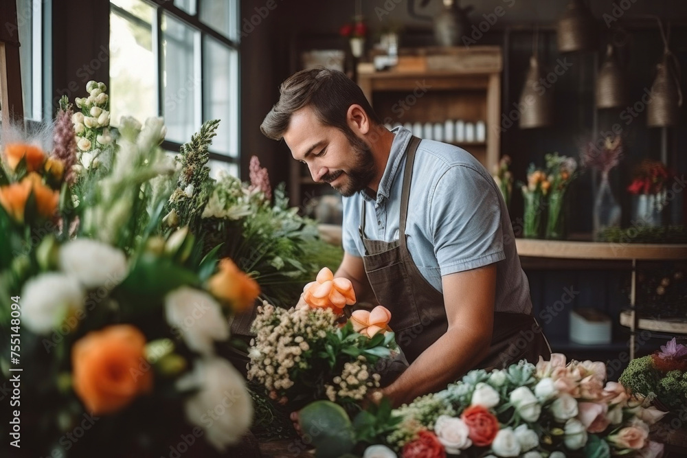 Male florist in an apron arranging flowers in his flower shop, tiny gift shop Male florist in an apron arranging flowers in his flower shop, tiny gift shop