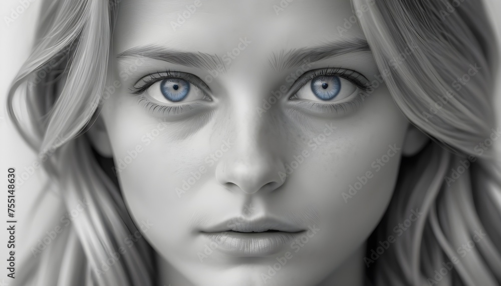 Black and white close-up portrait of a blonde woman, light blue eyes Black and white close-up portrait of a blonde woman, light blue eyes