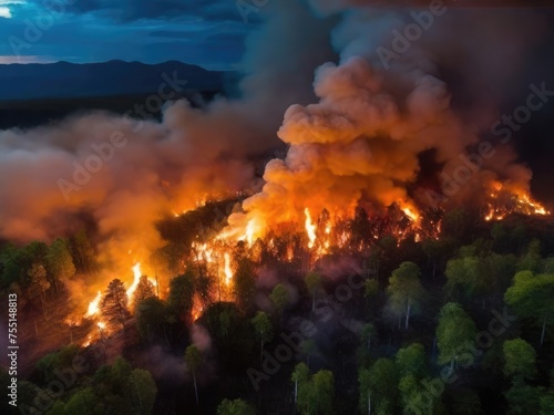 Aerial view of an intense forest fire at dusk, with vivid flames and thick smoke billowing