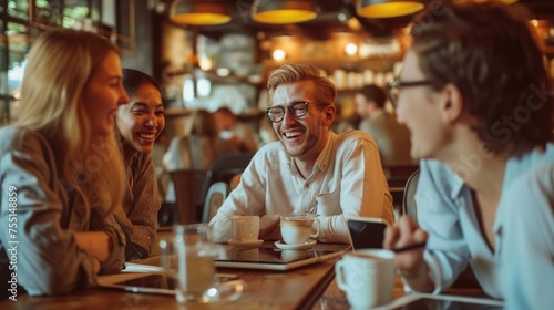 A joyful event with friends sharing laptops around a table  enjoying leisure time  having fun conversations  and smiling. AIG41