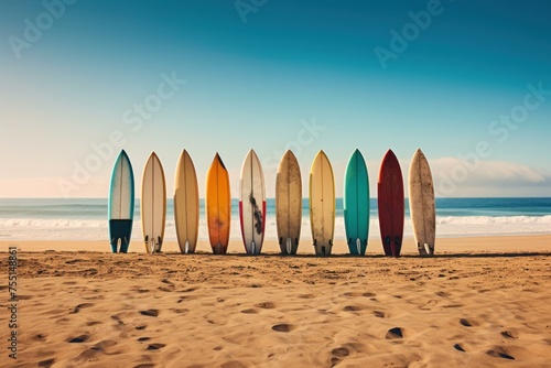 Glossy Row of surfboards on beach. Palm travel. Generate Ai