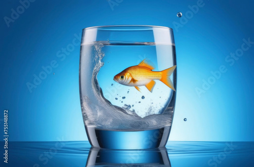 Golden fish in a glass of water with splashes, blue stylish background, minimalist style