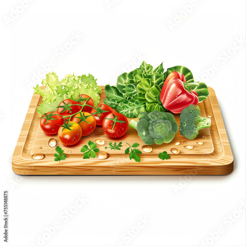 Fresh vegetables, broccoli, tomatoes and bell peppers, lettuce and parsley lie on a wooden cutting board, illustration on a white background