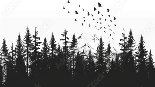 a flock of birds flying over a forest filled with tall pine trees with a mountain in the distance in the distance. photo