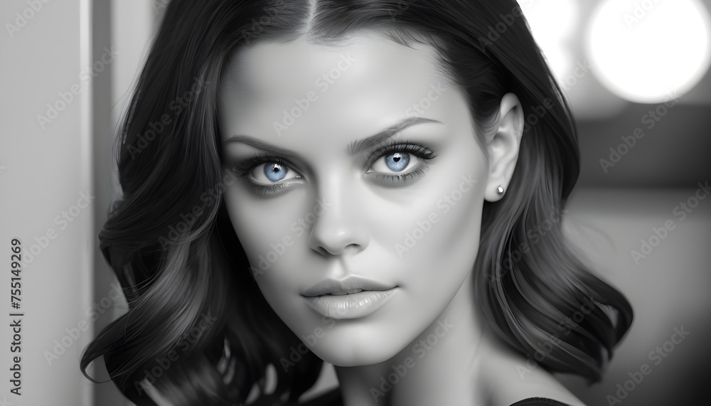 Fototapeta premium Close-up black and white portrait of a brunette woman with blu eyes, pop-art artwork, fashion beauty testimonial
