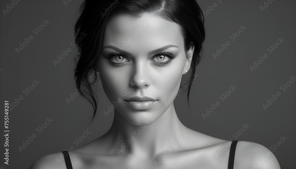 Close-up black and white portrait of a brunette woman with blu eyes, pop-art artwork, fashion beauty testimonial Close-up black and white portrait of a brunette woman with blu eyes, pop-art artwork, fashion beauty testimonial