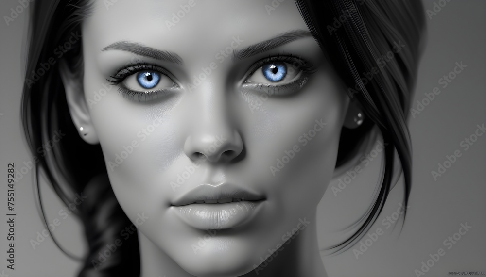 Fototapeta premium Close-up black and white portrait of a brunette woman with blu eyes, pop-art artwork, fashion beauty testimonial