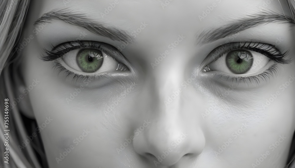 Fototapeta premium Black and white blonde girl close-up portrait, green eyes